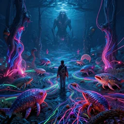 sea creatures, neon, RGB, glowing wires everywhere, by Edgar Maxence and Ross Tran, Zdzisław Beksiński, and Michael Whelan, distant, gustav dore, H.R. Giger, 8k, octane render