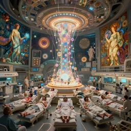 high depth, collective civilization hospital, calm, healing, resting, life, hybrids, scifi, glowing lights!!, published concept art, mixed medias, image overlays, sharp focus, thin glowing wires, winning illustration, art by greg rutkowski and alphonse mucha, singularity!!!, 3 6 0 projection