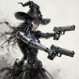 A cybernetic witch wielding two Glock pistols, bust shot, smooth, intricate, elegant, power aura, digital painting, artstation, concept art, sharp focus, illustration, art by Josan Gonzalez, high contrast