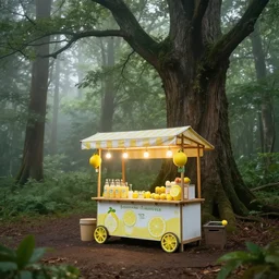 a lemonade stand in the forest, forest, giant trees, foggy, ambience, realistic, 8k, detailed