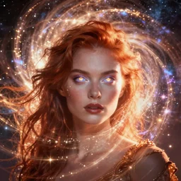 fierce auburn beauty with glowing eyes, energy aura, anato finnstark and WLOP, sparkling fantasy vortex of light, cosmic aura, halo of light