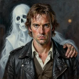 realistic portrait beautiful painting from scene in the good, the bad and the ugly movie, when human turned into ghost rider. horror, created by thomas kinkade and gustave courbet, fine draw, high detailed.