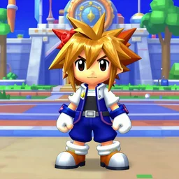 Sora from kingdom hearts in Disney's toontown online, Toontown Central, MMORPG from 2003, render in old 3d game engine, toony