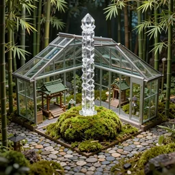 4K, Japanese glass house, crystal column, dry landscape, moss ball, Japanese shrine, night forest, temple fair, greenhouse, moss, bamboo, cobblestone, detail, elves house, isometric view, miniature model, photorealistic photo, two points perspective, 45 degree perspective, symmetrical, no depth of field ((((((depth of field))))))