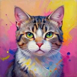 cyberpunk cat portrait an oil painting splashes with many colors and shapes by gustav klimt greg rutkowski and alphonse mucha, polycount, generative art, psychedelic, fractalism, glitch art
