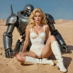 A mixed media portrait painting of a beautiful blonde woman sitting in the sand on a desert alien planet, discarded mech in background, very curvy, aesthetic! white high-waisted bikini-armor and boots, aesthetic symmetrical face and eyes, Scandinavian, by Boris Vallejo, Beeple, Frank Frazetta, Greg Rutkowski, Christian MacNevin, Alphonse Mucha, epic fantasy character art, high fantasy, CGsociety, 60's Sci-fi Pinup style, exquisite detail, post-processing, masterpiece, cinematic
