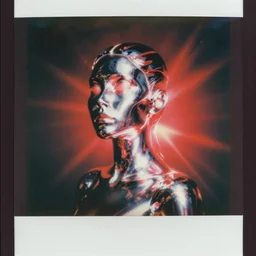 analog vintage photography portrait polaroid of a beautiful futuristic chrome female soul faceless humanoid seraphim form, red color bleed, heavy film grain, bloom, glow