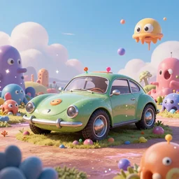 A fancy alien car!! abandoned on a magical biome of oddities, funny, slimes, goofy, sparky, positive vibes, hyper realism, behance, artstation, unreal render, unreal engine 5, octane, smooth, 8k