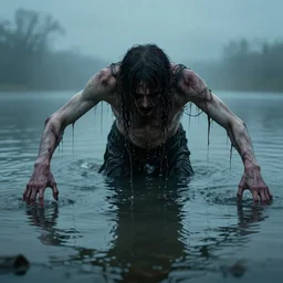 a creepy drowned man crawling out of the water, strings of black goo hanging from his arms, very long arms, extremely long fingers, standing in shallow water, drowned, unsettling, creepy, artstation, cgsociety