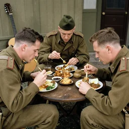 Three Canadian Soldiers sitting down and eating a meal, Germany 1944, Second World War, Highly Detailed, 4k resolution, guitar resting nearby