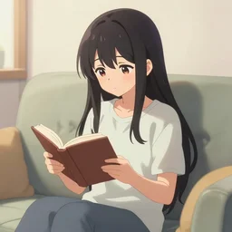 Anime Girl reading a book on a sofa
