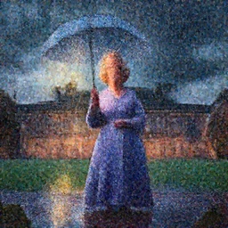Queen Elizabeth getting caught in the rain. Pixar animation, sharp, Rendered in Redshift and Unreal Engine 5 by Greg Rutkowski, Bloom, dramatic moody high contrast lighting, dusk, dramatic stormy sky, single light showing  in palace