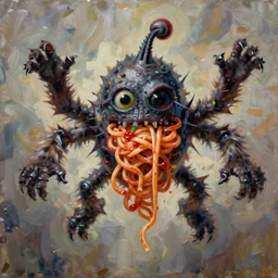 The flying spaghetti Monster, oil on canvas, intricate, portrait, 8k highly professionally detailed, HDR, CGsociety