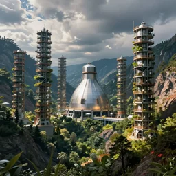 vertical farm towers surrounding a sci - fi nuclear containment building in a steep - sided valley with trees, a sense of hope, in the style of edouard groult