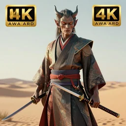 a beautiful 3 d render of a giesha demon wearing a kimono + holding a samurai sword, innovative avant - garde art, deco fashion, photorealistic, in a serene desert setting!!!!!!!, concept art, award winning, 4 k, rule of thirds, volumetric lighting, hyper detailed, octane render