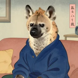 ukiyo-e ukiyoe portrait of furry anthro anthropomorphic spotted hyena head animal person fursona wearing clothes sitting in a living room