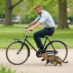 a cat steals a bycicle from ryan gosling in a park