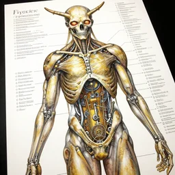 highly detailed labeled medical anatomy poster of a animalistic god hypnos, poster paper with notes, well - lit, ray tracing, detailed, mechanism, forbidden - knowledge, intricate details, gold and silver ink, by kentaro miura, marco bucci