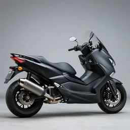 photo of a yamaha tmax and harley davison concept scooter, big off - road rims, black matte paintjob, chrome diuble exhaust tips, rider wears a fullbody dirtbike suit, 8 5 mm, f / 1. 3
