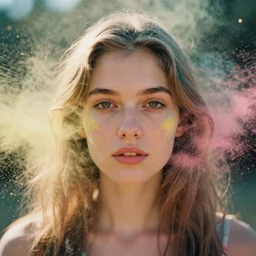 analog close up frontal face portrait photography of a beautiful woman surrounded by colored powder explosion by maxim nikolaev and irving penn. vogue. kodak portra 8 0 0 film. ( depth of field ). whirl bokeh!!. golden hour. detailed. hq. realistic. warm light. muted colors. filmic. dreamy. lens flare. mamiya 7 ii, f / 1. 2, symmetrical balance, in - frame