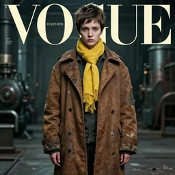 vogue magazine cover : full - body portrait of shortpixiecut sadie sink as a poor girl in a brown faded decaying oversized man's coat and wearing a yellow scarf : soviet steamcyberpunk, ultrarealistic, photorealistic, intricate detail, photograph by anne leibovitz