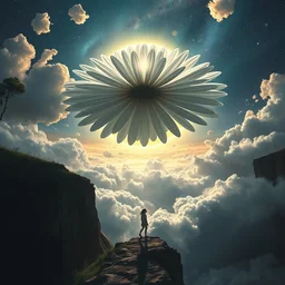giant white daisy flower over head, girl walking on cliff, surreal photography, solar eclipse, milky way, dramatic light, impressionist painting, clouds, digital painting, artstation, james gilleard, liam wong, jeremy mann, simon stalenhag