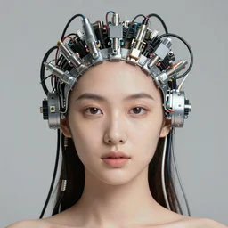 very beautiful woman integrating with technology, full face frontal centered, portrait, insipiring, detailed intricate ornate cables connected to head, big open electric eyes, luxurious detailed abundent wiring and implants, diamonds, ruby, sci - fi, neon, emeralds, detailed technology full background with cyber flowers, highly detailed, artstation, cgsociety, 8 k rene lalique and eddie mendoza