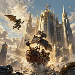 A flying pirate ship crashing into the imposing magitek headquarters of the capital city of an industrial Empire, digital painting, concept art, artstation, matte painting