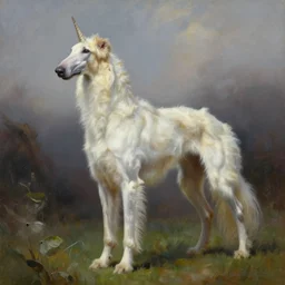 a fantasy painting of a hybird of a borzoi and unicorn, borzoi chimera, realistic animal painting, by wlop and krenz cushart