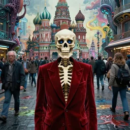 realistic detailed photorealistic film portrait shot of a single skeleton wearing crimson velvet blazer in a crowded futuristic moscow street by Denis Villeneuve, Amano, Yves Tanguy, Alphonse Mucha, Ernst Haeckel, Andrei Tarkovsky, Edward Robert Hughes, Roger Dean, rich moody colours, slime, wide angle, blue eyes