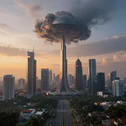 nuclear winter, jakarta city, near future, fantasy, sci - fi, hyper realistic, serene, sunset.
