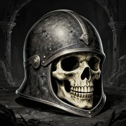 illustration of helmet, magic item, osr dungeon, tomb of horror, illustration, skeleton style, high detail, high resolution