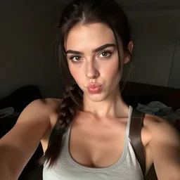 lara croft pouting for a selfie, big cleavage, portrait, cute