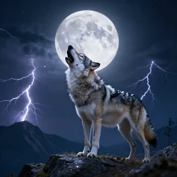 a wolf standing on a moutain, howling to a full moon shining bright, thunderstrikes, epic, dramatic lighting, in a fantasy world, highly detailed, crystal lighting, hyperrealistic, trending on artstation, unreal engine, magical, by joe fenton, by greg rutkowski, by greg tocchini, by kaws, by kate beaton, by kaethe butcher