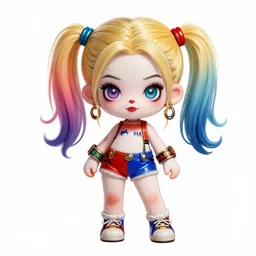 Harley Quinn as a beautiful young ape kid with long pony tails on either side of her head, illustration, comic, by James Jean, artgerm, octane render, by John Coltrane and Marc Simonetti, kinemacolor, colorful, high detail of the face, full body