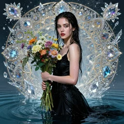 portrait of a beautiful woman wearing a black dress, holding a bouquet of flowing flowers, drenched body, wet dripping hair, emerging from the water, fantasy, regal, fractal crystal, fractal gems, by stanley artgerm lau, thomas kindkade, alphonse mucha, loish, norman rockwell
