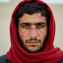 portrait of felix beiderman as afghan man, green eyes and red scarf looking intently, photograph by steve mccurry