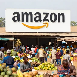 amazon warehouse as crowded african produce market, large amazon signage, fruit stands, informal traders, eye level,
