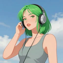 portrait of a cool girl with green hair, a 7 8 4 3 hairstyle, wearing a tanktop, listening to music, blue cloudy sky, highly detailed, stylized, medium shot, portrait, concept art, vector line art, natural lighting, illustration, highly detailed, artstation