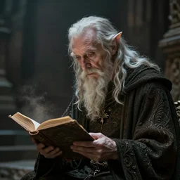 a 1 3 th century, enigmatic, melancholic, fae wizard ( look like ( ( eighty years old christopher lee ) ), is ( ( reading an old book ) ). light dust, magnificent, hyperdetailed, theatrical, painted by brian froud