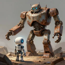 a small new robot looks at a large broken rusty robot trending in artstation 4 k 8 k hd digital painting