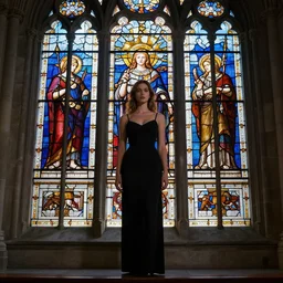 full body most beatiful young woman inscribed in the stained glass of gothic church, detailed, photorealistic, cinematic