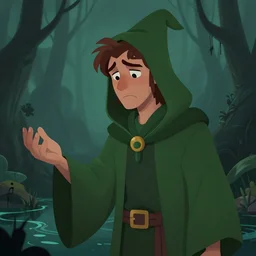 closeup character illustration of a heartbroken wizard in green robes holding up a hand standing in a dark swamp, trending on artstation, digital art ( by jesper ejsing ) ( by clint cearley ) ( by raluca marinescu )