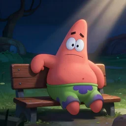 patrick star with a sad!!! expression slouching on a bench in the bikini bottom, global illumination!!! dim lighting, midnight, cinematic, extremely detailed, beautiful, stunning composition, beautiful light rays, trending on artstation
