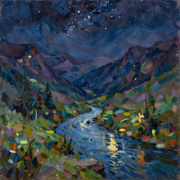 Realist colorful impasto painting of the Salmon River mountain valley at midnight by John Harris, stars in the dark sky reflect on the river surface, 4k scan, oil on canvas, visible brushstrokes
