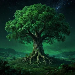 world tree with branches in the stars and roots in the underworld, matte landscape, vast, epic, starry, lush, greenery, cinematic color scheme, by greg rutkowski, artstation, 4 k wallpaper, uhd quality, unreal engine, glossy paper quality