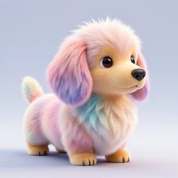 high quality 3 d render hyperrealist very cute fluffy dachshund dog, plush mascot, long spiky fluffy smooth hair, photo from the side, multi pastel colors, vray, smooth background, artstation, ultra detailed