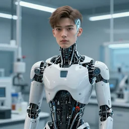 attractive serene handsome android in a lab. young male. charming. partially human. partially biomedical design. highly detailed. semi-realistic. cinematic lighting. intricate. elegant. art station. art by artgerm and greg rutkowski and alphonse mucha and loish and WLOP