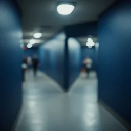 blurry photo taken of corner of underground lab hallways, dark blue and black, clean, walls are made of dry wall, shiny floors, branching hallways, busy, cinematic