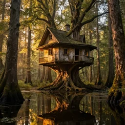 an old mystical treehouse in the middle of witchwood swamp, golden hour, ray tracing reflection, 8k, hyper realistic, insanely detailed, hdr, octan render,